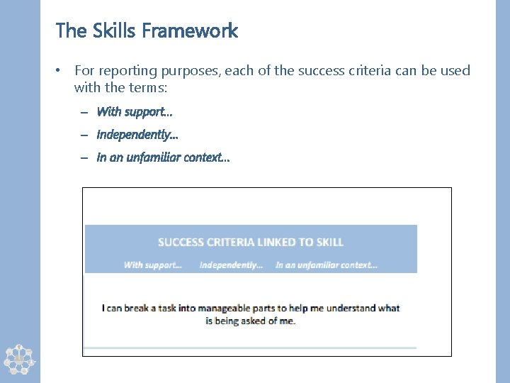 The Skills Framework • For reporting purposes, each of the success criteria can be