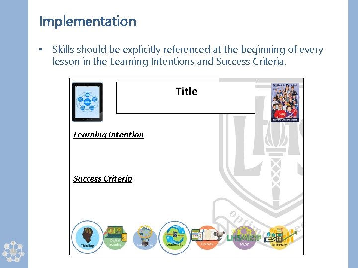 Implementation • Skills should be explicitly referenced at the beginning of every lesson in