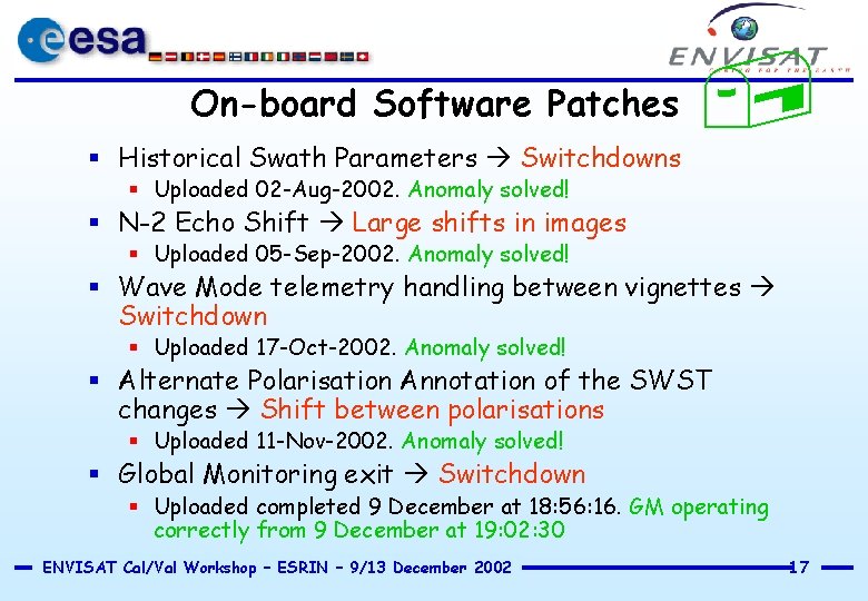 On-board Software Patches § Historical Swath Parameters Switchdowns § Uploaded 02 -Aug-2002. Anomaly solved!