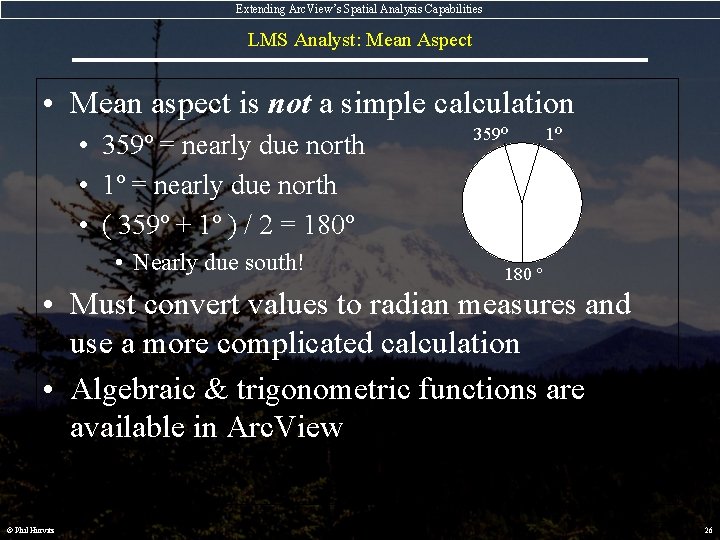 Extending Arc. View’s Spatial Analysis Capabilities LMS Analyst: Mean Aspect • Mean aspect is