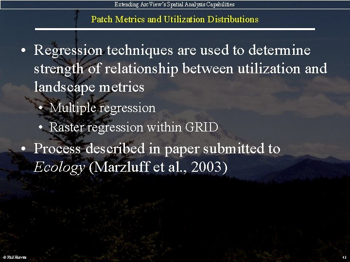 Extending Arc. View’s Spatial Analysis Capabilities Patch Metrics and Utilization Distributions • Regression techniques