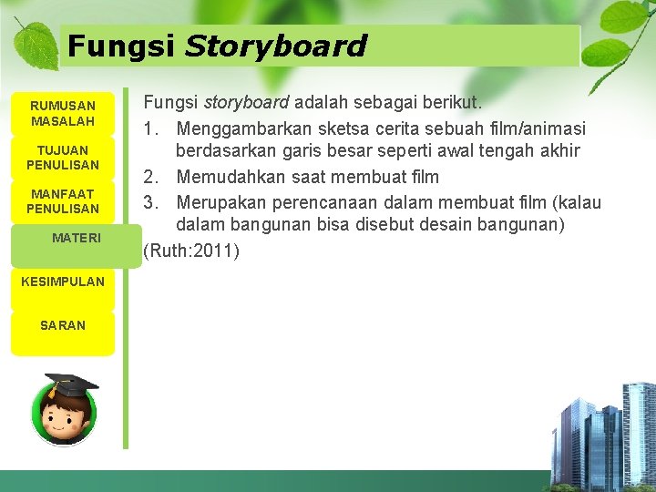 Fungsi Storyboard RUMUSAN MASALAH TUJUAN PENULISAN MANFAAT PENULISAN MATERI KESIMPULAN SARAN Fungsi storyboard adalah