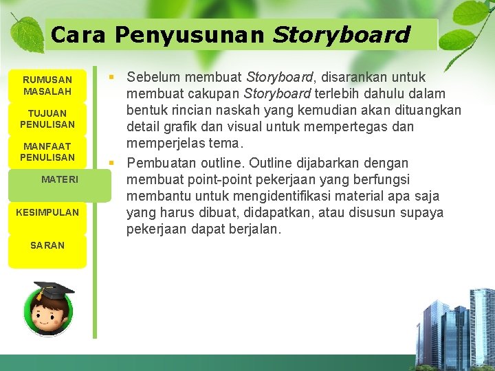 Cara Penyusunan Storyboard RUMUSAN MASALAH TUJUAN PENULISAN MANFAAT PENULISAN MATERI KESIMPULAN SARAN § Sebelum