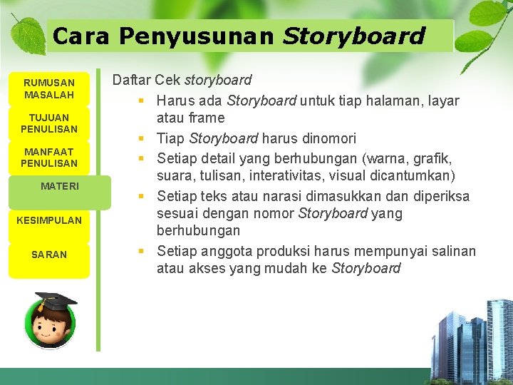 Cara Penyusunan Storyboard RUMUSAN MASALAH TUJUAN PENULISAN MANFAAT PENULISAN MATERI KESIMPULAN SARAN Daftar Cek