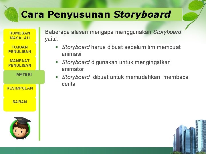 Cara Penyusunan Storyboard RUMUSAN MASALAH TUJUAN PENULISAN MANFAAT PENULISAN MATERI KESIMPULAN SARAN Beberapa alasan