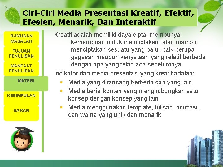 Ciri-Ciri Media Presentasi Kreatif, Efektif, Efesien, Menarik, Dan Interaktif RUMUSAN MASALAH TUJUAN PENULISAN MANFAAT