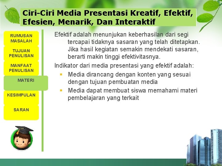 Ciri-Ciri Media Presentasi Kreatif, Efektif, Efesien, Menarik, Dan Interaktif RUMUSAN MASALAH TUJUAN PENULISAN MANFAAT