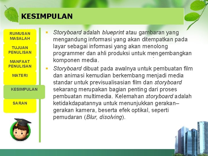 KESIMPULAN RUMUSAN MASALAH TUJUAN PENULISAN MANFAAT PENULISAN MATERI KESIMPULAN SARAN § Storyboard adalah blueprint