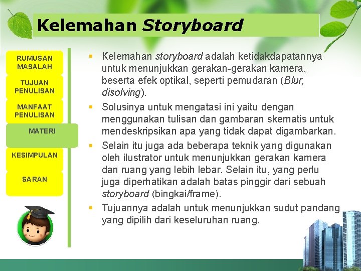 Kelemahan Storyboard RUMUSAN MASALAH TUJUAN PENULISAN MANFAAT PENULISAN MATERI KESIMPULAN SARAN § Kelemahan storyboard