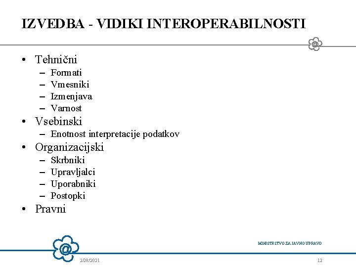IZVEDBA - VIDIKI INTEROPERABILNOSTI • Tehnični – – Formati Vmesniki Izmenjava Varnost • Vsebinski IZVEDBA - VIDIKI INTEROPERABILNOSTI • Tehnični – – Formati Vmesniki Izmenjava Varnost • Vsebinski