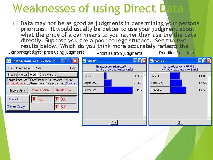 Weaknesses of using Direct Data may not be as good as judgments in determining