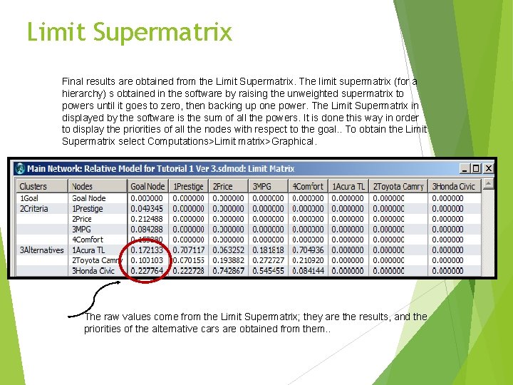Limit Supermatrix Final results are obtained from the Limit Supermatrix. The limit supermatrix (for