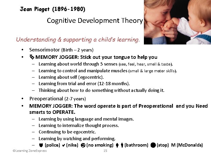 Jean Piaget (1896 -1980) Cognitive Development Theory Understanding & supporting a child’s learning. •