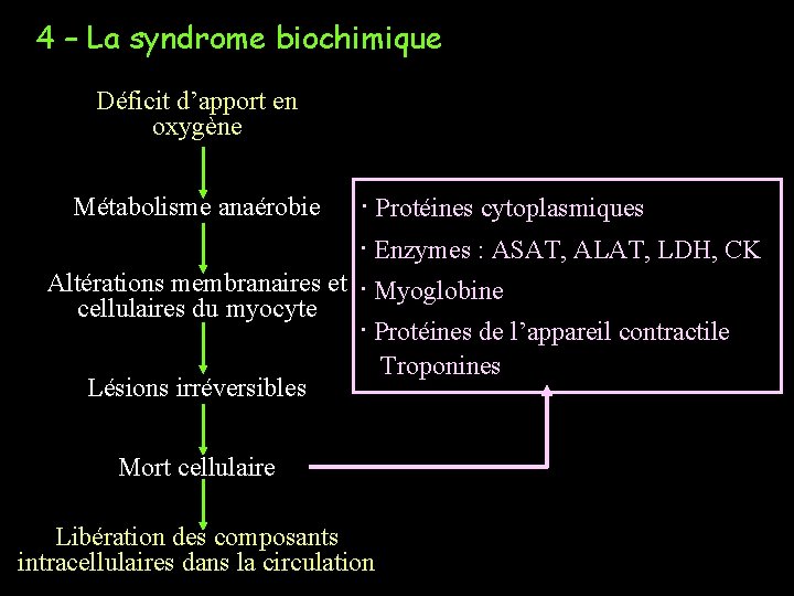 4 – La syndrome biochimique Déficit d’apport en oxygène ∙ Protéines cytoplasmiques ∙ Enzymes