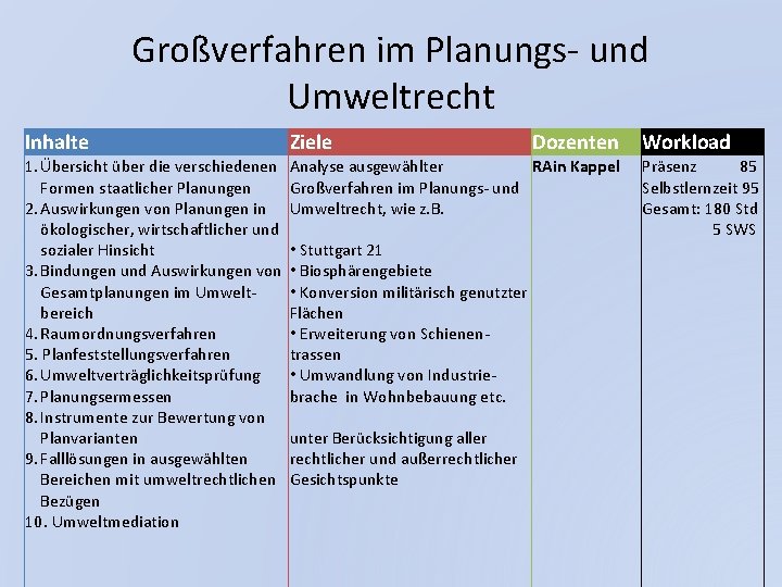 Großverfahren im Planungs- und Umweltrecht Inhalte 1. Übersicht über die verschiedenen Formen staatlicher Planungen