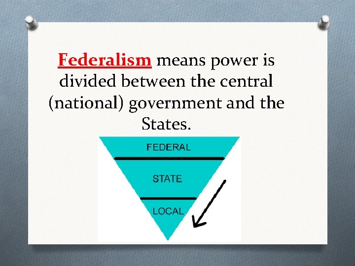 Federalism means power is divided between the central (national) government and the States. 