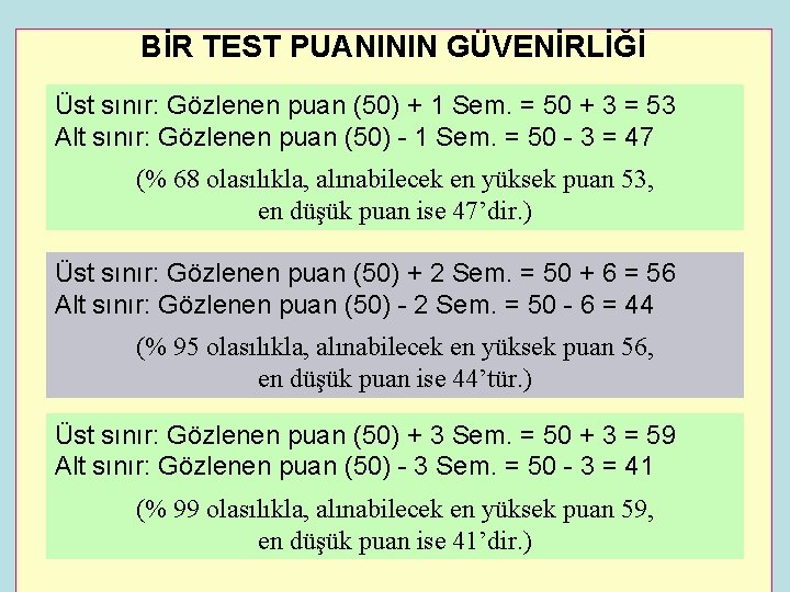 BİR TEST PUANININ GÜVENİRLİĞİ Üst sınır: Gözlenen puan (50) + 1 Sem. = 50