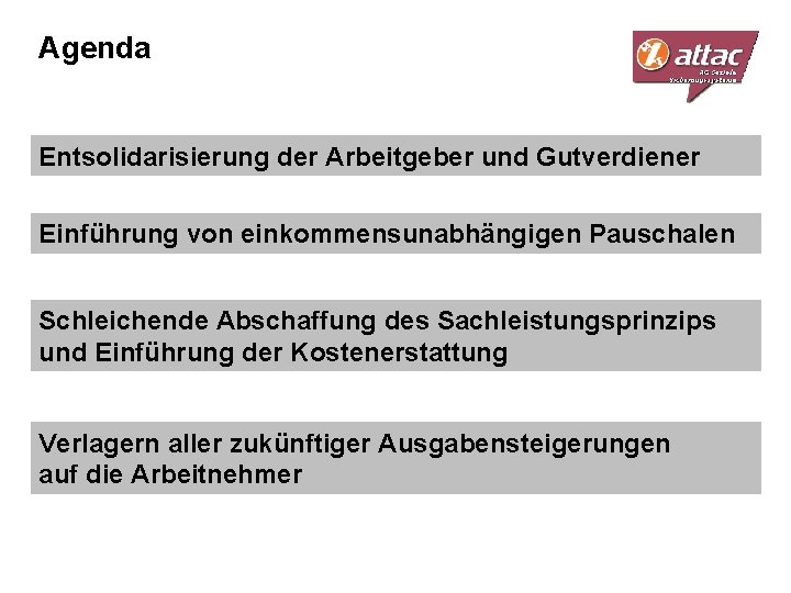 Agenda Entsolidarisierung der Arbeitgeber und Gutverdiener Einführung von einkommensunabhängigen Pauschalen Schleichende Abschaffung des Sachleistungsprinzips