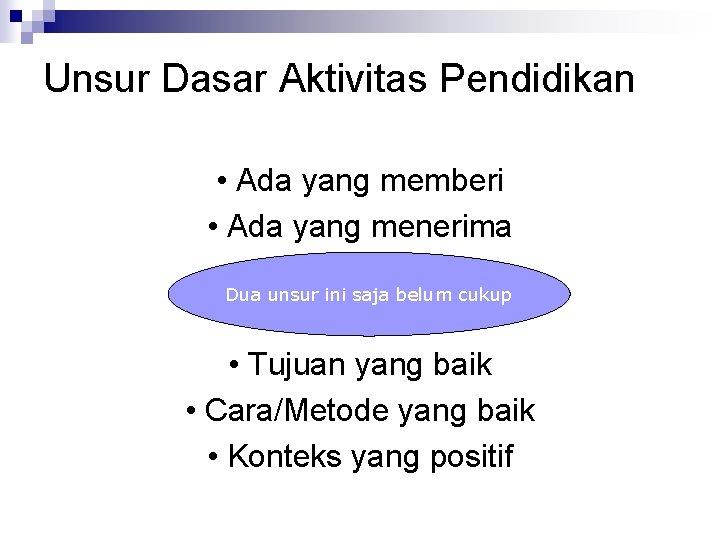 Unsur Dasar Aktivitas Pendidikan • Ada yang memberi • Ada yang menerima Dua unsur