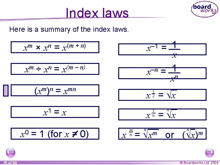 Index laws Here is a summary of the index laws. x– 1 = 1