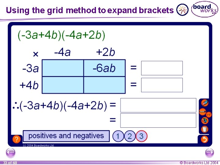 Using the grid method to expand brackets 33 of 60 © Boardworks Ltd 2004