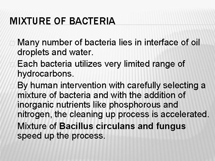 MIXTURE OF BACTERIA � Many number of bacteria lies in interface of oil droplets