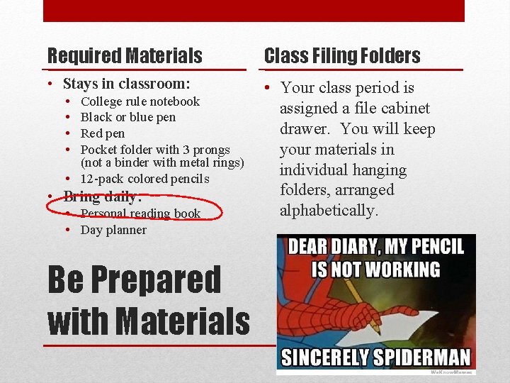 Required Materials Class Filing Folders • Stays in classroom: • Your class period is