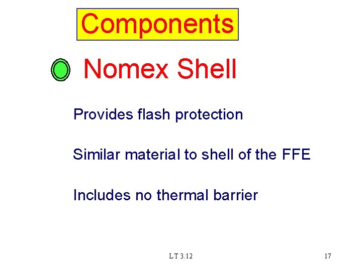 Components Nomex Shell Provides flash protection Similar material to shell of the FFE Includes