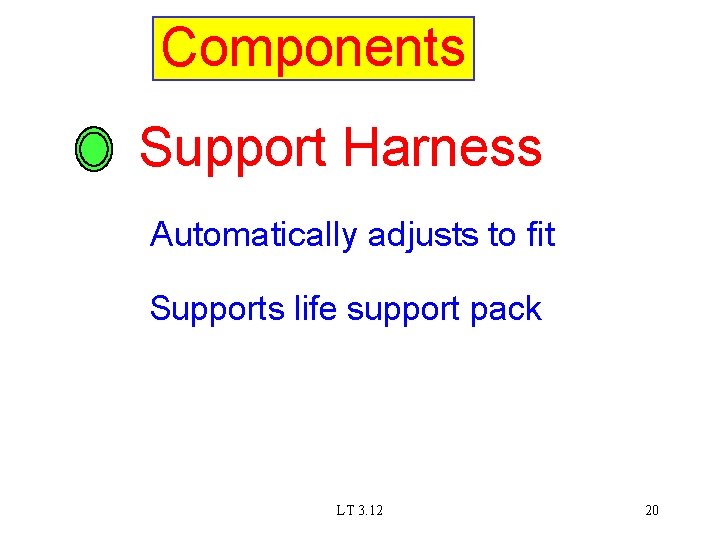 Components Support Harness Automatically adjusts to fit Supports life support pack LT 3. 12