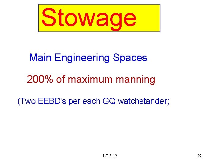 Stowage Main Engineering Spaces 200% of maximum manning (Two EEBD's per each GQ watchstander)