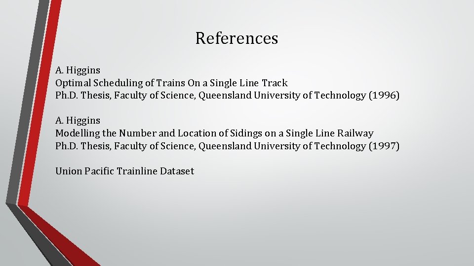 References A. Higgins Optimal Scheduling of Trains On a Single Line Track Ph. D.