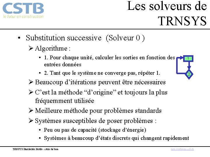 Les solveurs de TRNSYS • Substitution successive (Solveur 0 ) Ø Algorithme : •