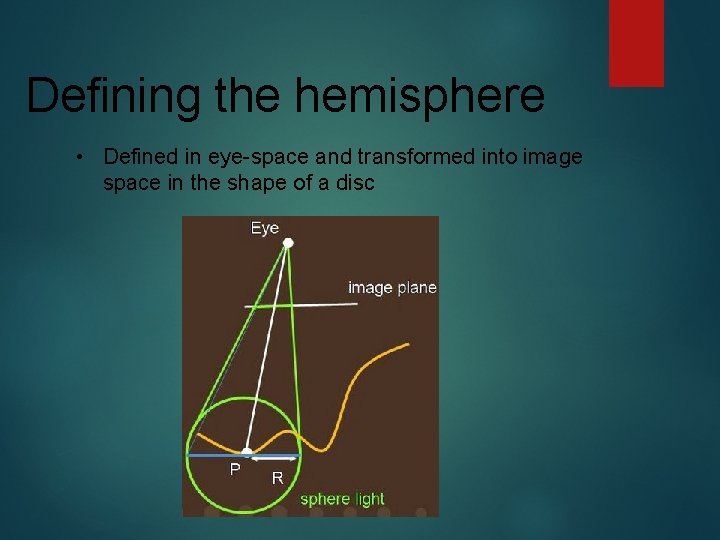 Defining the hemisphere • Defined in eye-space and transformed into image space in the