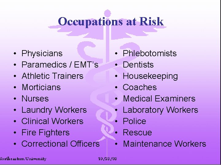 Occupations at Risk • • • Physicians Paramedics / EMT’s Athletic Trainers Morticians Nurses