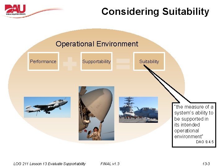 Considering Suitability Operational Environment Performance Supportability Suitability “the measure of a system’s ability to