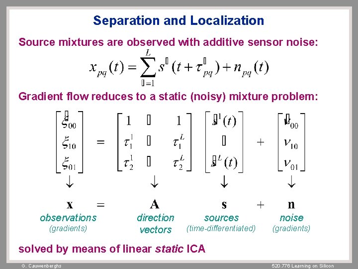 Separation and Localization Source mixtures are observed with additive sensor noise: Gradient flow reduces Separation and Localization Source mixtures are observed with additive sensor noise: Gradient flow reduces