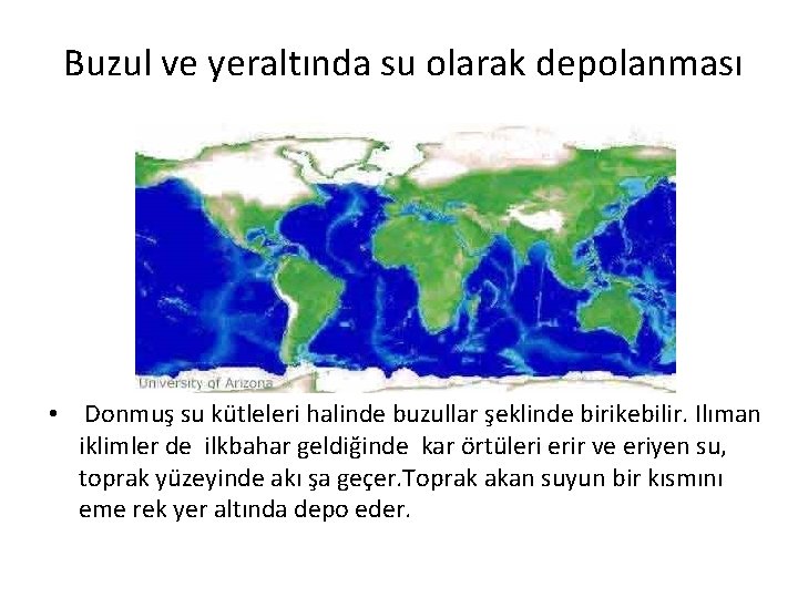 Buzul ve yeraltında su olarak depolanması • Donmuş su kütleleri halinde buzullar şeklinde birikebilir.