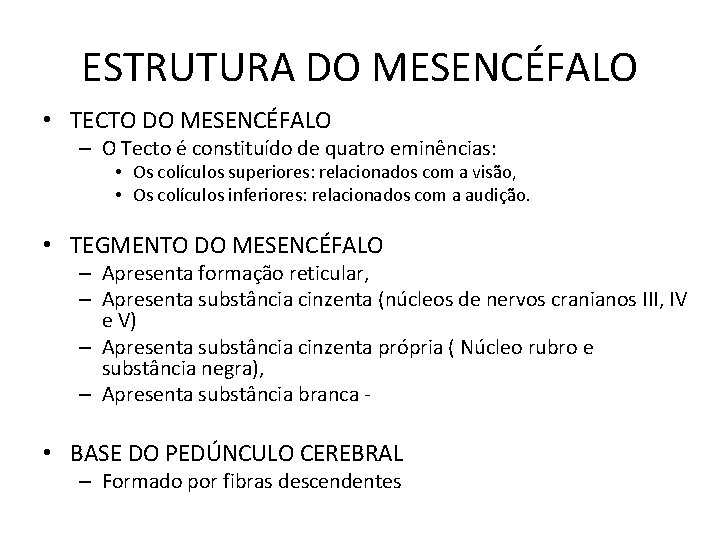 ESTRUTURA DO MESENCÉFALO • TECTO DO MESENCÉFALO – O Tecto é constituído de quatro