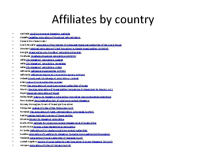 Affiliates by country • • • • • • • • Australia Local Government