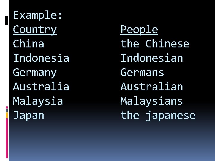 Example: Country China Indonesia Germany Australia Malaysia Japan People the Chinese Indonesian Germans Australian