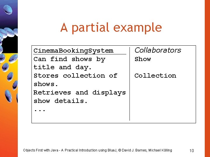 A partial example Cinema. Booking. System Can find shows by title and day. Stores A partial example Cinema. Booking. System Can find shows by title and day. Stores
