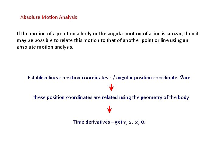 Absolute Motion Analysis If the motion of a point on a body or the