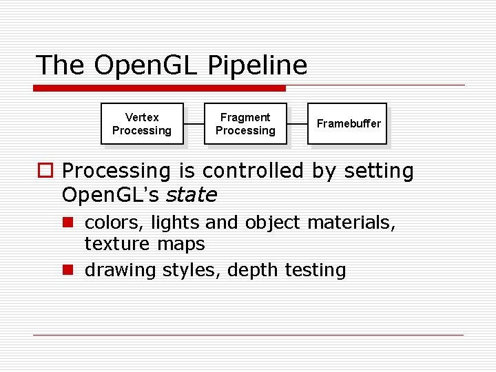 The Open. GL Pipeline Vertex Processing Fragment Processing Framebuffer o Processing is controlled by