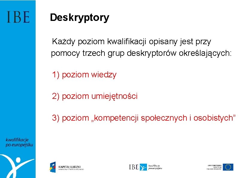 Deskryptory Każdy poziom kwalifikacji opisany jest przy pomocy trzech grup deskryptorów określających: 1) poziom