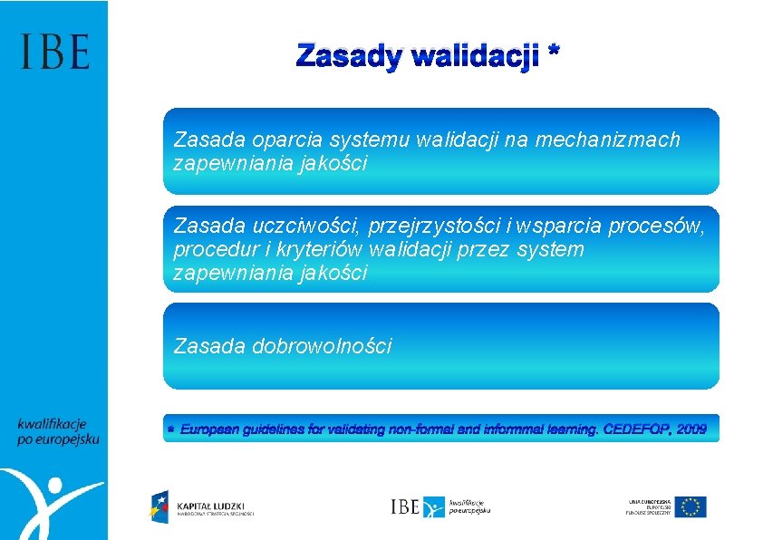 Zasady walidacji * Zasada oparcia systemu walidacji na mechanizmach zapewniania jakości Zasada uczciwości, przejrzystości