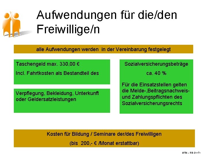 Aufwendungen für die/den Freiwillige/n alle Aufwendungen werden in der Vereinbarung festgelegt Taschengeld max. 330,