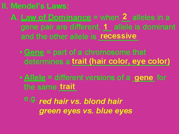 II. Mendel’s Laws: 2 A. Law of Dominance = when __ alleles in a