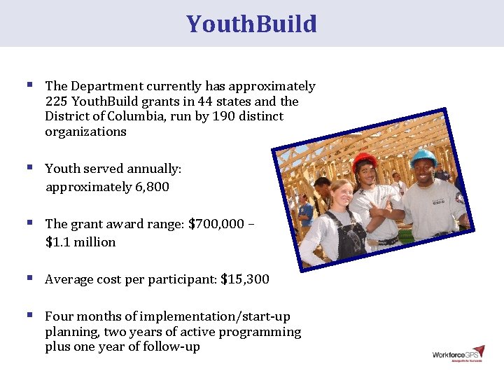 Youth. Build § The Department currently has approximately 225 Youth. Build grants in 44