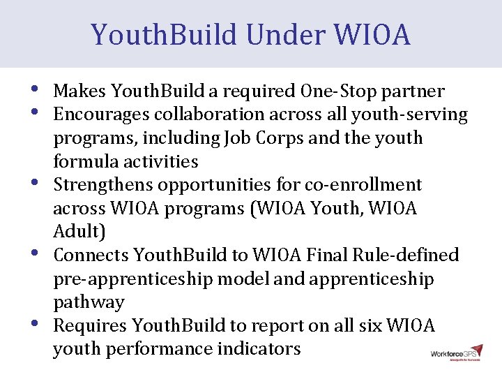 Youth. Build Under WIOA • • • Makes Youth. Build a required One-Stop partner Youth. Build Under WIOA • • • Makes Youth. Build a required One-Stop partner