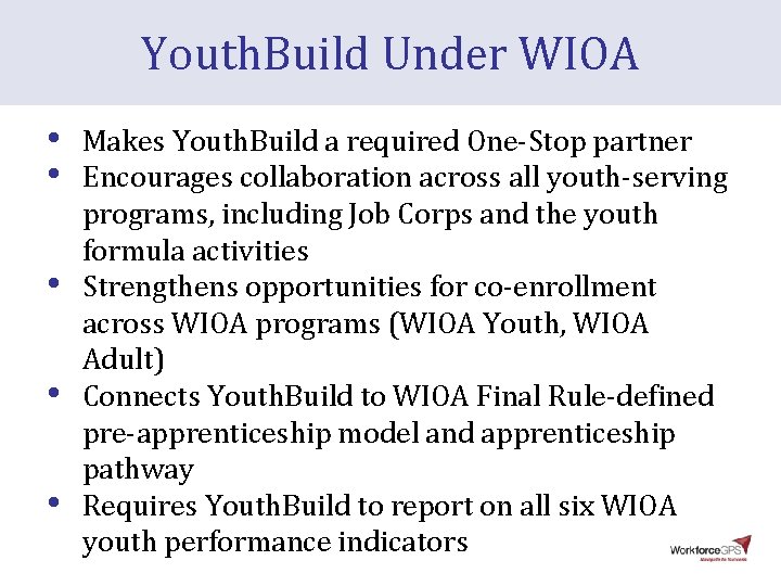 Youth. Build Under WIOA • • • Makes Youth. Build a required One-Stop partner